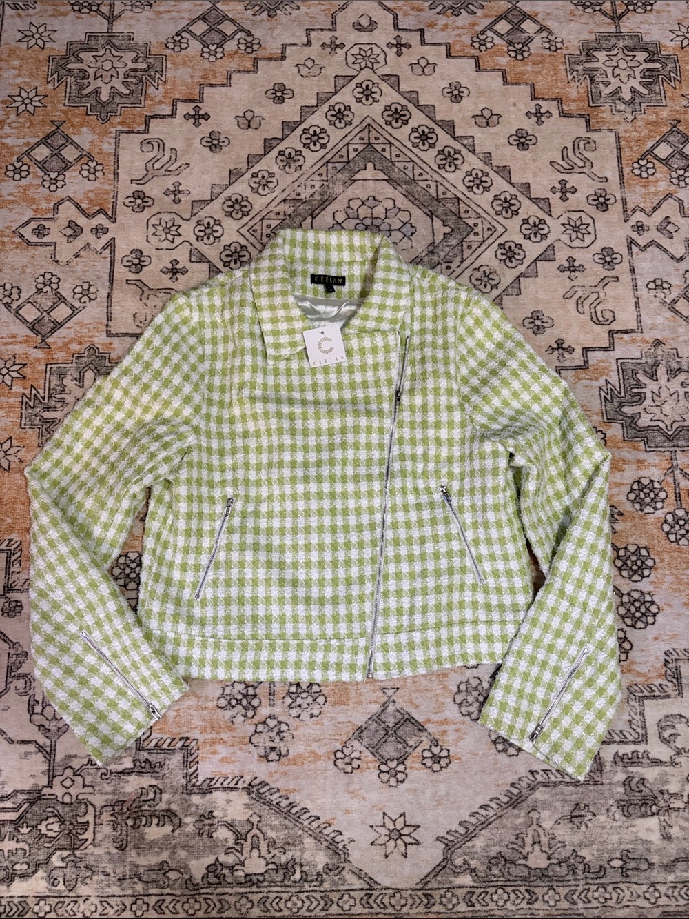 NWT CEFIAN L sparkle green and white checkered jacket with silver zipper accents